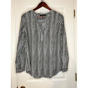 Jasmine Juliana Blouse Womens XL Black White Striped Split Neck Long Sleeve Top